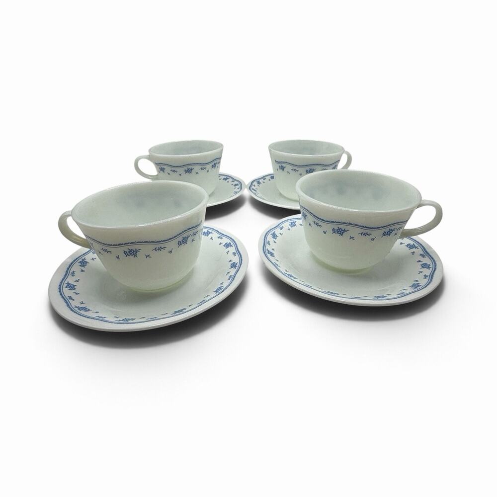 CORELLE CORNING MORNING BLUE FLOWER Milk Glass Coffee Tea Cups & Saucers 4 Sets